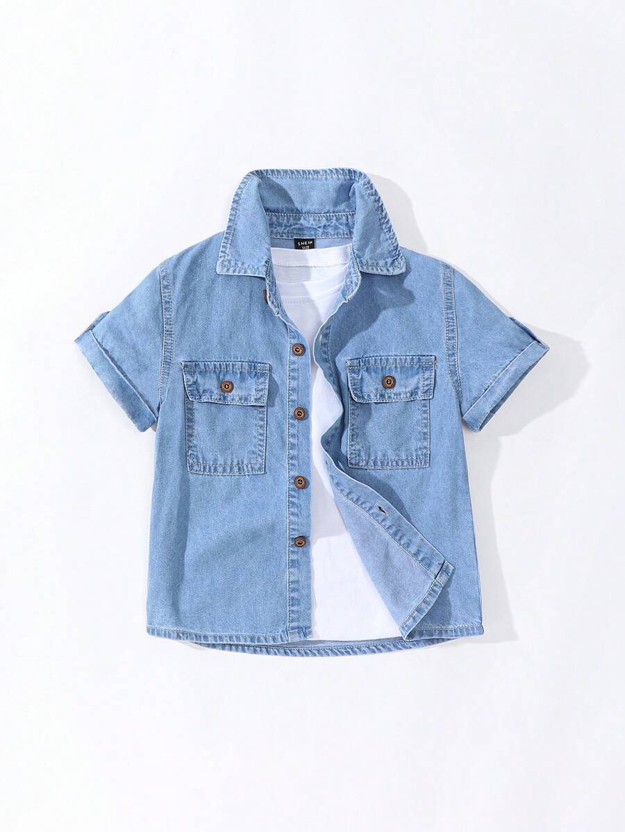 SHEIN Explorewe 牛仔风格绿色短袖衬衫，适合年轻男孩，狂野学院风户外风格，带翻盖贴袋 - 淺色水洗藍 - 查看 1