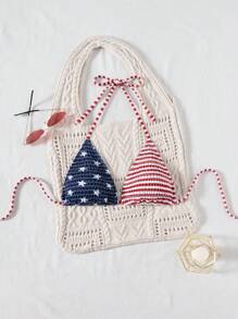 Swim Mod Women Summer Beach USA Flag Print Halter Backless One-Piece Swimsuit For Fourth Of July/4th Of July - Multicolor - View 1