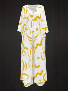 SHEIN Set de 2 piezas de talla grande con top holgado estampado y pantalón de pierna ancha, para el verano