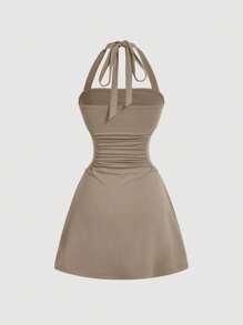 SHEIN MOD Women's Khaki Halter Tie Waist A-Line Midi Dress - Khaki - View 2