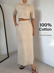 Siren Gaze 2件套女士纯色休闲短袖拉链领口袋衬衫和迷你裙