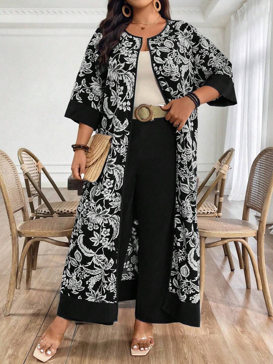EMERY ROSE Conjunto de 2 piezas estampado de vacaciones de tejido para damas de talla grande - Negro - Ver 1