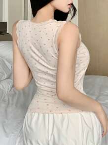 DAZY 甜美碎花蕾丝拼布吊带背心，内置胸垫 - 杏色 - 查看 2