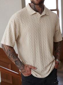 Manfinity Homme Men's Casual Vacation Style, Featuring An INS-Inspired Geometric Diamond-Textured Jacquard Knit Short-Sleeve Polo Shirt With A V-Neck Design. Perfect For Music Festivals, Hawaii Beach Getaways, Everyday - Apricot - View 6