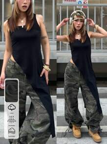 SHEIN Áo kiểu nữ tuổi teen mùa hè cổ tròn không tay vạt lệch vai màu trơn thanh lịch, áo nữ casual hở lưng, có túi, cổ vuông xẻ tà dáng ôm màu đen trơn, trang phục thường ngày, áo nữ, áo tank top trễ vai, áo kiểu học đường sành điệu, áo đen, áo mùa thu, áo kiểu preppy / Ngày lễ tình nhân cho nữ / Ngày lễ tình nhân / Mùa hè / Quần áo mùa hè, xẻ tà bên hông, áo xẻ tà bên hông, món đồ không thể thiếu cho người sành điệu, công cụ kỳ diệu để phối đồ. - màu đen - Xem 1