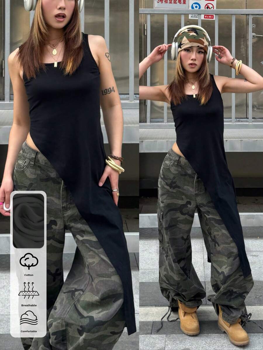 SHEIN Áo kiểu nữ tuổi teen mùa hè cổ tròn không tay vạt lệch vai màu trơn thanh lịch, áo nữ casual hở lưng, có túi, cổ vuông xẻ tà dáng ôm màu đen trơn, trang phục thường ngày, áo nữ, áo tank top trễ vai, áo kiểu học đường sành điệu, áo đen, áo mùa thu, áo kiểu preppy / Ngày lễ tình nhân cho nữ / Ngày lễ tình nhân / Mùa hè / Quần áo mùa hè, xẻ tà bên hông, áo xẻ tà bên hông, món đồ không thể thiếu cho người sành điệu, công cụ kỳ diệu để phối đồ. - màu đen - Xem 1