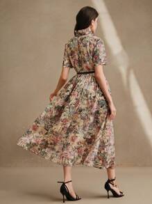 Anewsta 优雅、度假、节日彩色蝴蝶和花卉印花小领长衬衫裙，优雅女士连衣裙配腰带，女士春夏 - 彩色 - 查看 3