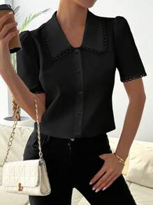 RosyDaze 女士时尚黑色撞色彼得潘领短袖衬衫 - 黑色 - 查看 4