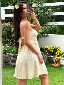 SHEIN EZwear 女士纯色荷叶边露肩时尚连衣裙 - 黃色 - 查看 2