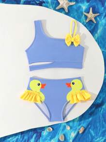 Young Girl Asymmetric Neckline Top With Bow Decor & Cartoon Print Triangle Bikini Swimming Suit Set - Blue - View 5