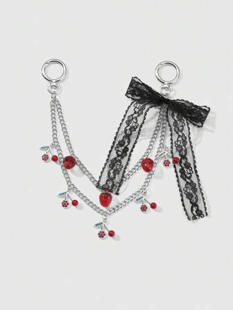 Kawaii 1 Stück Y2K Retro & modischer hochwertiger Luxus Silber Multi-Layer Kette, Harz Erdbeere, Kristall, Spitzenschleife Dekor DIY Schlüsselanhänger, Taschenanhänger - geeignet für Frauen, Alltagstragen, Urlaubsgeschenk