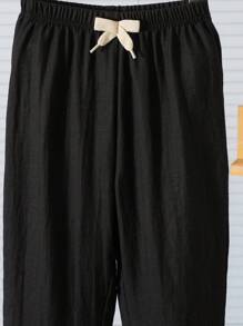 Souflis Souflis 小男孩亚麻面料仿抽绳装饰直筒休闲裤，适合户外和日常穿着，夏季 - 黑色 - 查看 7