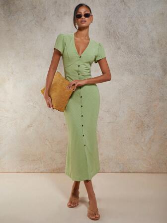 COSMINA Damen elegantes einfarbiges Kleid mit geraffter Taille, Sommer