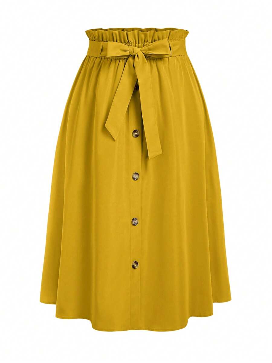 SHEIN Unity Plus Size Women Solid Color Tie Waist Single Breasted Casual Skirt - Yellow - View 1