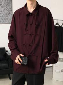 Claim Dot 秋季男士宽松纯色纽扣长袖衬衫 - 酒紅色 - 查看 4