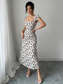 Elenzga New Arrival Women's Square Neck Floral Print Sheer Mesh V-Waist A-Line Ruched Dress, Elegant For Dating, Travel, Waist Cinching, Figure Flattering