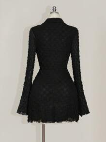 SHEIN ICON Plus Size Black Shirt Collar Flare Sleeve Knit Dress, Suitable For Punk And Music Festival - Black - View 2