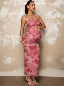 MaterniChic Elegant Red Maternity Knitted Dress With Floral Print, Ruched Detail, And Sleeveless Straps Design For A Stylish Pregnancy Look - Red - View 8
