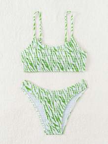 SHEIN Swim Full Print Halter Strap Bikini Swimsuit, Random Print For Summer Beach Vacation - Green - View 3