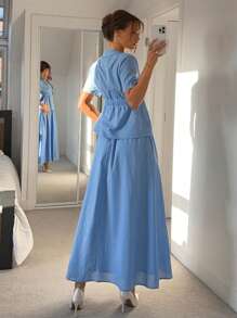 Siren Gaze 2pcs/Set Women Solid Color Short Sleeve Shirt And Pencil Skirt Summer Casual Blue - Baby Blue - View 3