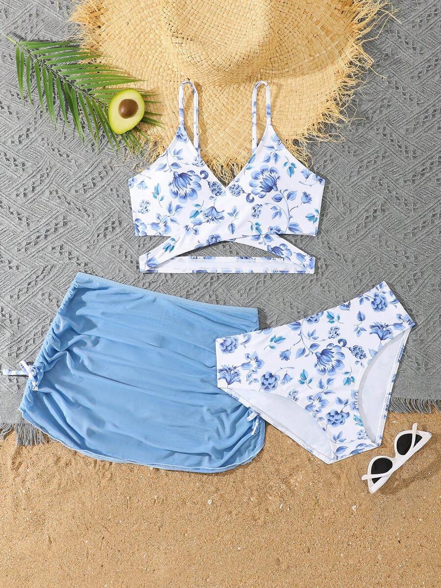 SHEIN 少女三件套：花卉印花细肩带比基尼 + 纯色迷你裙，泳衣印花什锦 - 藍色 - 查看 1