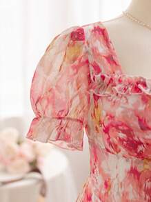 Soleia Plus Size Women Tie-Dye Chiffon Ruffle Collar Lantern Sleeve Asymmetrical Hem Lace Decor Mini Dress, Vacation Style - Multicolor - View 8