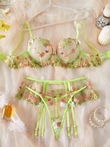 SHEIN Conjunto de 3 piezas de sujetador inalámbrico con bordado para mujer