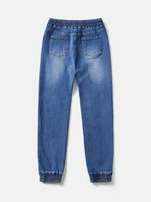 SHEIN PETITE Women's Drawstring Waist Pocketed Tapered Leg Casual Versatile Jeans - Light Wash - View 3