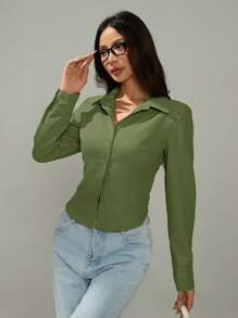SHEIN PETITE Basic Casual Long Sleeve Shirt With Cinched Waist - Green - View 3