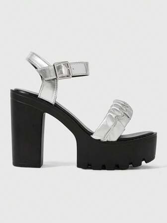 Grunge Punk Zapatos de tacón alto plateados para mujer, zapatos de vestir para fiesta de verano con puntera abierta, cristales brillantes y tacón grueso para la oficina, sandalias de señora con correa y hebilla de tacón bajo