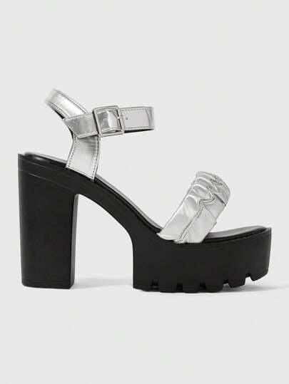 Grunge Punk Women Silver High Heel Shoes, Summer Open Toe Crystal Sparkling Party Dress Shoes, Chunky Heel Office Work Shoes, Strap Buckle Low Heel Ladies Sandals