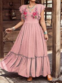 Breezaya Plus Size Women's Western Style Bohemian Hippie Festival Casual Holiday Embroidered Jacquard V-Neck Short Sleeve Dress - Pink - View 5