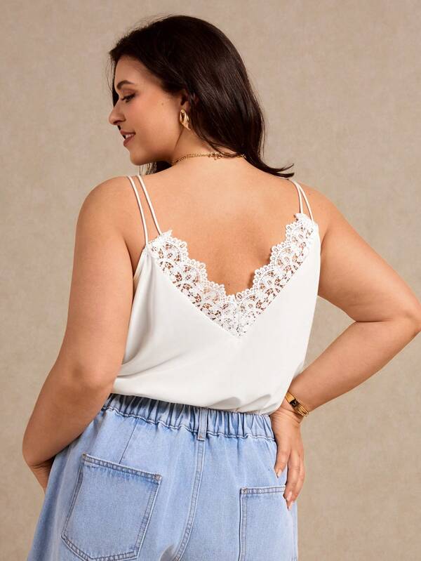 Elaquor Camiseta de tirantes cruzados, de unicolor con encaje, ideal para el verano estilo hawaiano, de talla grande. Blanco esencial, atuendo de verano, esencial para la temporada de bodas, diseño de espalda descubierta con detalles de encaje, top lindo