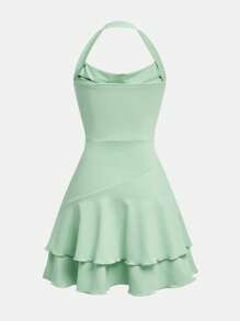 SHEIN Girlism 少女针织吊带腰褶下摆溜冰裙 - 綠色 - 查看 2