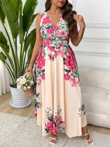 Flirla 大码女式花卉印花 V 领荷叶边袖短款连衣裙，配围巾下摆，优雅度假婚礼伴娘礼服 - 彩色 - 查看 5