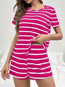 CoupledUp Conjunto de pijama informal de mujer con top de manga corta y shorts con estampado de rayas en rosa y blanco