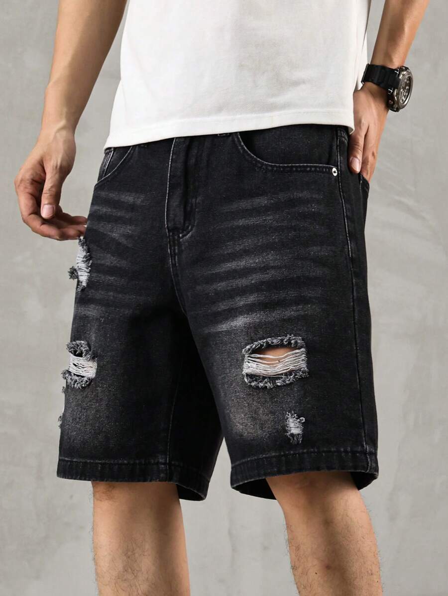 Manfinity Homme 男士纯色破洞口袋宽松休闲牛仔短裤