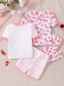 4pcs/Set Baby/Baby Girl Cute Watermelon Print Short Sleeve T-Shirt, Shorts And Leggings Casual Homewear Set - Multicolor - View 2