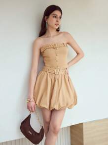 MOTF STUDIO 100% COTTON CASUAL WAIST TIE BUBBLE HEM MINI SKIRT - Khaki - View 3