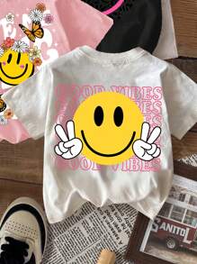 SHEIN Camisetas de verano para niñas preadolescentes, paquete múltiple, de estilo minimalista casual con estampado de dibujos animados sonrientes en negro, blanco y rosa