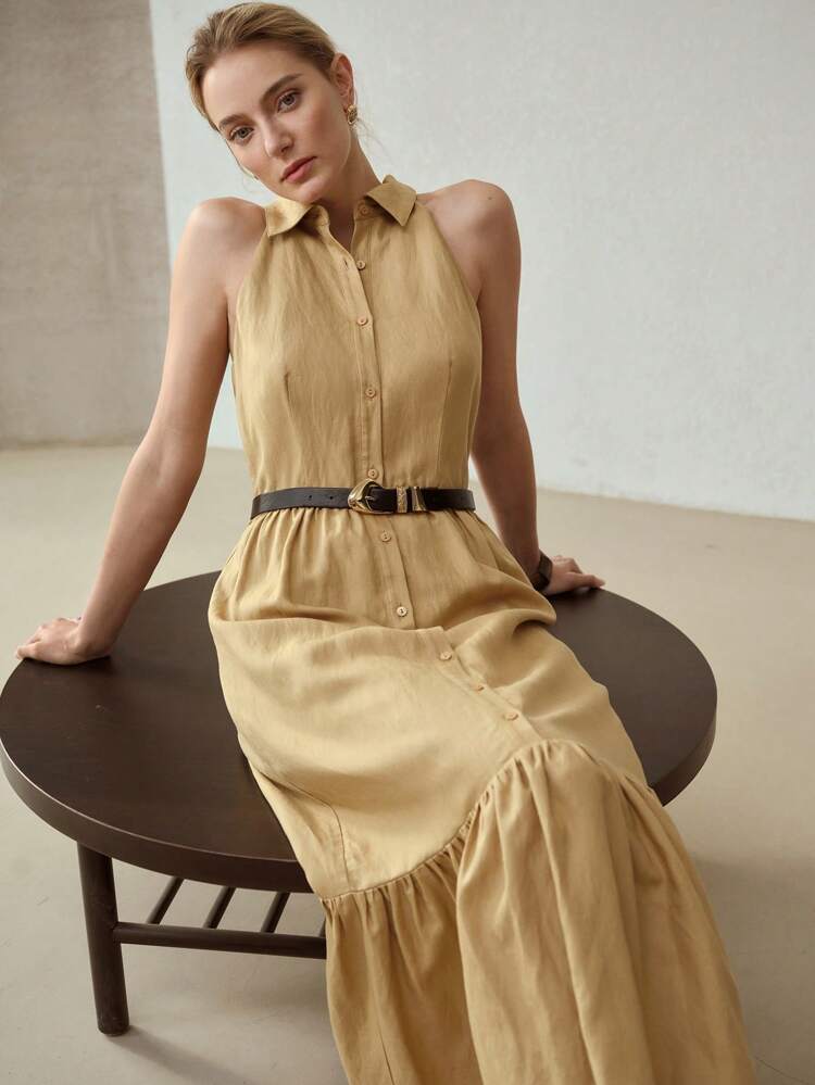 LINEN RUFFLE HEM DRESS