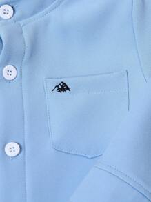 1 件婴幼儿男孩口袋山刺绣中式领白色编织衬衫，秋冬款 - 藍色 - 查看 6