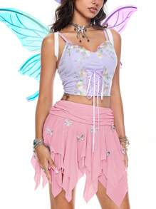 ROMWE Asymmetrical Mesh Bowknot Detail Women's Mini Skirt - Pink - View 6