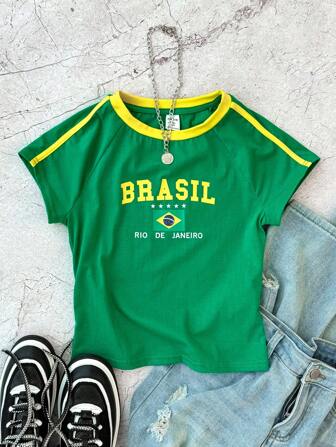 SHEIN Teen Girls' Contrast Color Letter & Flag Print Short Slim Fit Tank Top Tee, For Spring & Summer Sports Competition