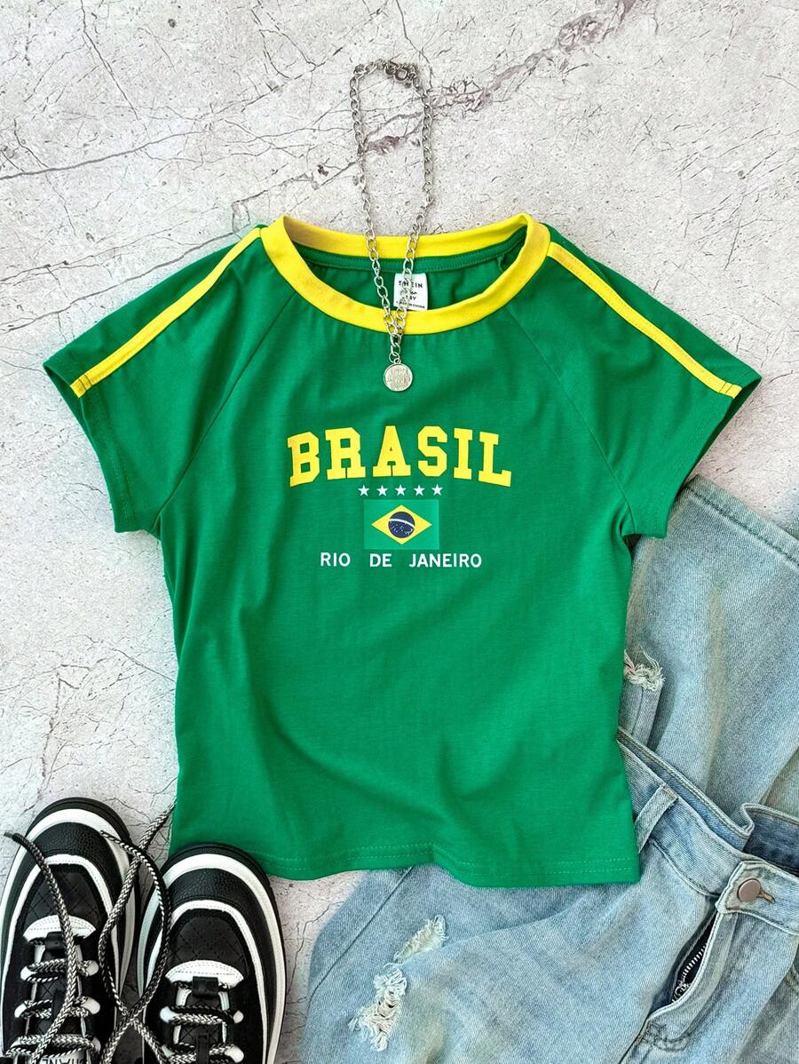 SHEIN Teen Girls' Contrast Color Letter & Flag Print Short Slim Fit Tank Top Tee, For Spring & Summer Sports Competition - Green - View 1