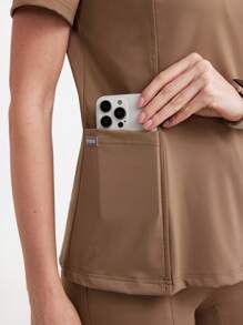 Scrubzie Top pentru uniformă de scrub cu mânecă scurtă, cu buzunare dublu, simplificat, de culoare uni, pentru vară