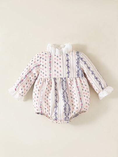 Body elegante com estampa floral e bainha de renda branca para meninas de outono, estilo INS