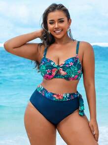 Swim Lushoire Set de 2 piezas de traje de baño de talla grande para mujer con parte superior asimétrica de volantes y estampado aleatorio de plantas tropicales y calzoncillos de cintura alta, estilo casual diario de resort