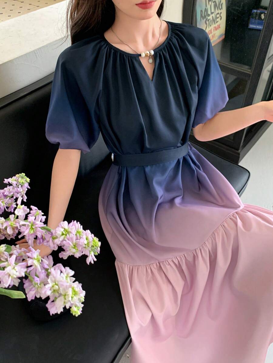 DAZY 女式仿珍珠装饰圆领渐变色蝴蝶结雪纺连衣裙，夏季休闲女装 - 藏蓝色 - 查看 1