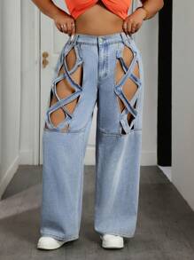 SHEIN SXY Quần Jeans Denim Ống Thẳng Rộng Khoét Hở Size Lớn - Màu xanh lam - Xem 3